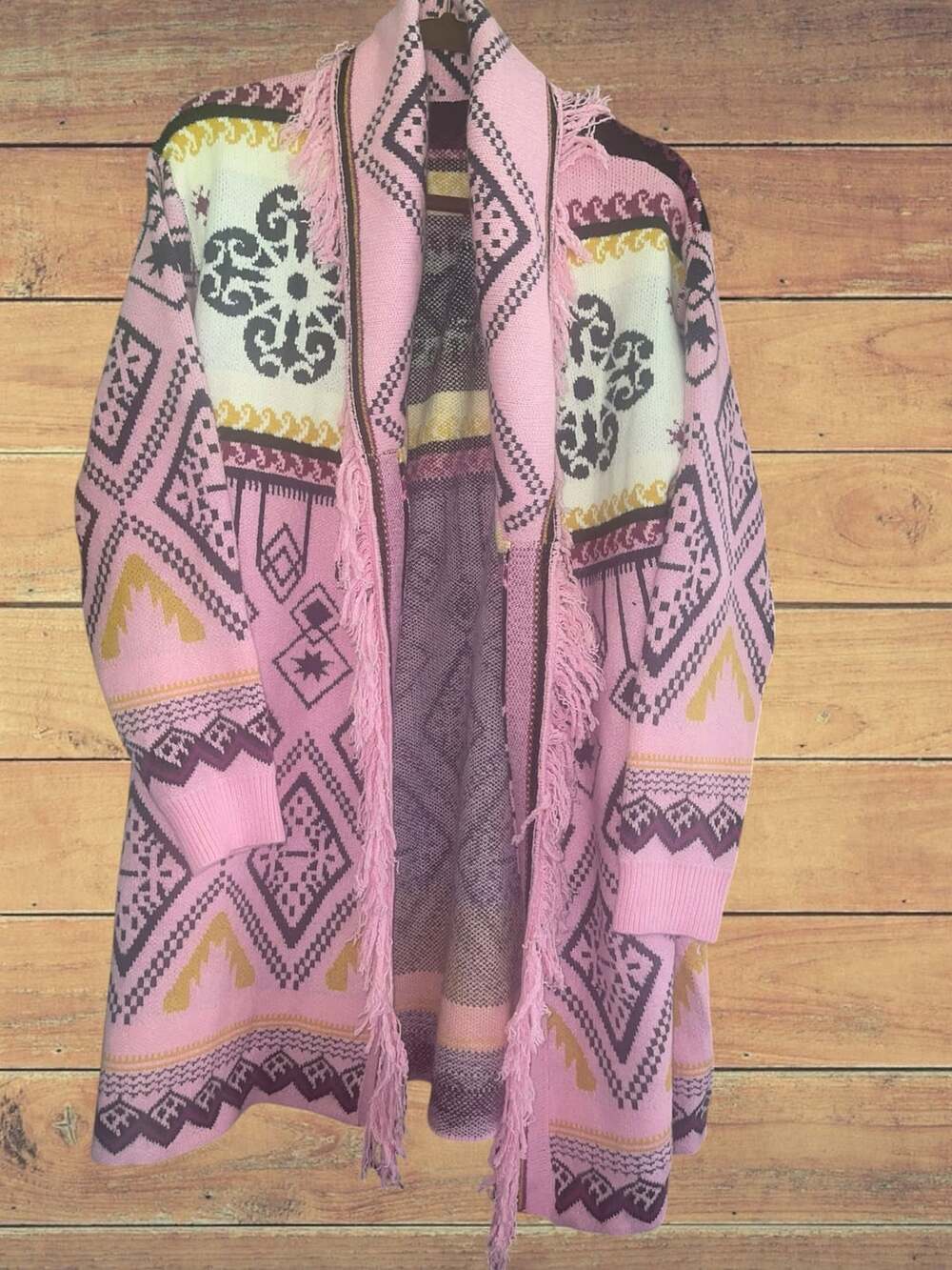 Bohemela Pink Evil Eye Boho Fringe Cardigan L Oversized Western Festival Knit